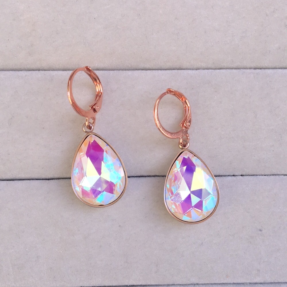 White Aurora Borealis + Rose Gold Crystal Pear Drop Earrings